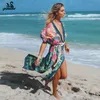 Women's Swimwear Sporlike Vintage Print Floral Beach Cover Up Summer Bikini Outerwear Flare Sleeve Oversize Bohemian Long Cardigans