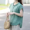 夏の女性のシャツプラスサイズのピーターパンカラールーズカジュアル半袖シャツソリッドコットンヴィンテージブラウス女性リネントップD117 210323