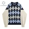 Argyle Wzór Splitty Pullover Knitwear i sweter Koreański Vintage Długim Rękaw Podgładowy Spring Ol Classic Dzianiny Topy 210515