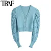 Women Fashion Gem Buttons Cropped Knitted Cardigan Sweater Vintage Long Sleeve Pompoms Female Outerwear Chic Tops 210507