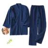 日本の着物のセット100％コットンパジャマ2枚カップル浴衣ルーズメンズとレディーススウェット蒸しスーツホームサービスセット210928