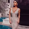 Mode Chic Argent Paillettes Volants Design V-Cou Dos Nu Celebrity Party Club Maxi Robe Longue 210525