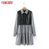 Tangada Mode Kvinnor Faux Läder Patchwork Shirt Klänning Vår Ankomst Långärmad Ladies Mini Dress Vestidos 7Y06 210609