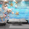 3D Seascape Papier peint mural Papiers muraux Bleu Boîte de bois Starfish Coquille intérieur Décoration Salon Chambre à coucher Peinture Fonds d'écran