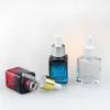 Quadratische Glas-Parfümflaschen für ätherische Öle, Pipetten-Augentropfflasche, 30 ml, mit Farbverlauf in Blau, Rot und Klar (LOGO-UV-Druck ab 100 Stück)
