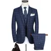 Marca Qualidade Terno Homens Slim Fit Ternos xadrez para Trabalho Azul Borgonha Tuxedo Jaqueta Mens 3 Parte Cinza Vestido de Noiva Blazers