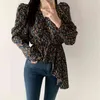 Sonbahar Kore Vintage Çiçek Baskılı Kadın Bluzlar Gömlek Uzun Kollu V Yaka Asimetrik Tunikler Zarif Moda Blusa Tops 210513