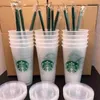 Starbucks 24OZ/710ml Plastic Tumbler Drinkware Lid Straw Mug Reusable Clear Drinking Flat Bottom Cup Pillar Shape Bardian 50pcs