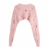 ZA Women Fashion Floral Embroidered Knitted Cardigan Vintage Long Sleeve Sweater+Knitted Chest strap Top 2-piece Set XITIMEAO 210602