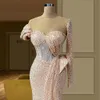 Sparkly Sequined Pink Mermaid Evening Dresses Long Sleeve Beads Ruffles Lace Prom Dress Saudi Arabia Robe De Soiree Custom Made