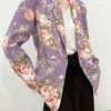 エレガントな女性菊の印刷紫色のブレザーファッションレディースポケットジャケットカジュアル女性シックスリムスーツ210527