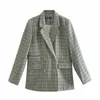 Kvinnor Elegant Grön Plaid Blazer Långärmad Dubbel Breasted Slim Check Coat Office Arbete Lattice Suit Jacket Ytterkläder 210520