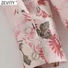 Zevity Women Fashion Pink Flower Print Casual Chiffon Smock Blouse Office Ladies Long Sleeve Shirts Chic Blusas Tops LS7678 210603