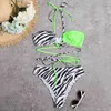 Zebra Print Bandeau Bikini Swimsuit Female Swimwear Women High Waisted Set Neon Green Bather Bathing Suit Swim 210520