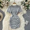 Casual Women T-shirt Dress Solid Color O-neck Short Sleeve Folds Mini Bodycon Cut-out Hollow Front Chic Summer Streetwear 210603