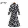 Zevity Women Fashion Crane Imprimir Bow Fashes Vestido de la camisa Office Lady Nine Quarter Manga Casual Slim Midi Vestido DS4602 210603