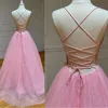 Pink V-neck Sparkly Party Prom Dress Blackless Evening Gowns Spaghetti Straps Floor Length A Line Women's Dresses