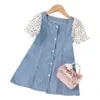 Dress For Girls Mesh Dot Patchwork Children Denim es Summer Costumes 210528