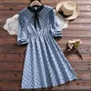 Blue Pink Polka Dot Gedrukt Kawaii Sweet Dress Herfst Vrouwelijke Vintage Vestidos Vrouwen Stand Kraag Ruffles Lange Mouw Jurken 210520