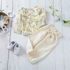 2PC Baby Girl Boho z długim rękawem Filded Collar Top Bawełniane stałe Spodnie Zestawy 210528