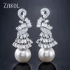 Zakol mais novo luxo imitação pérola completa cúbica zirconia statment droping brinco moda cz mulheres de noivado casamento festa de casamento jóias