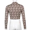 Duena Långärmad Brown Top Y2K Vintage Aestetics Flower Print StreetWear Button Up Crop Top Collar T Shirt Kvinnor 2021 Y0621