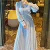 Vintage Blue Dresses for Woman V-neck High Waist Maxi Vestido Long Sleeve Runway Elegant Party Dress Female 210603