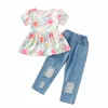 Barnkläder sätter flickor kläder babykläder barn passar barn sommar kortärmad blomma topp hål jeans byxor 2 st 3343 Q2