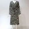 Casual Leopard Print Chiffon Dress Vintage Lantern Långärmad Kvinnor Midi Streetwear Kläder Elegant Spilled Hem Tunika Vestidos 210507