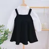 Girls' Autumn Clothes Set Puff Sleeve Doll Collar Long-Sleeved Shirt + Strap Dress 2pcs Toddler 210528