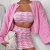 Женщины пружины вязаные кардиганы свитер набор новый свободный элегатский сладкий розовый толщиной вытягивающие Femme повседневный пальто урожая верхняя юбка с короткими X0428