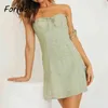 Plaid Green Short Summer Dress Women Sleeveless Strap Lace Up Cotton Beach Backless Mini Sundress 210427