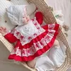 春の赤ちゃんガールドレスロングパフスリーブレースロリータスタイル赤い子供服E157 210610