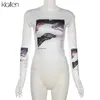KLALIEN Women Casual White Print Slim Skinny Stretch Removable Sleeves O Neck Female T Shirt Spring Summer Top 220304