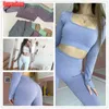 Seamless Yoga Set Women Two 2 Piece Long Sleeve Crop Top T-Shirt Leggings Sportsuit Workout Outfit Clothes Gym Wear Sport Sets 210802
