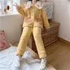 Sonbahar Sarı Tüm Maç Tatlı Chic Moda Sevimli Kızlar Sıcak Ev Tekstili Gecelikler Boy Gevşek Pijama Setleri 210525