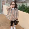 Reversable Clothing For Girl Striped Coat Autumn Boy Khaki Jacket Baby Kids Overcoat Oversize with Big Pocket 211204