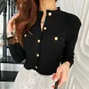 Chic Blue Knitted Cardigan Woman Gold Button Vintage Sweater Female Single-breasted Business Cropped Tops 211018