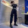 Vrouwen broek jogges zwart hoge taille Koreaanse vrouwelijke losse casual afneembare rechte been balken tooling lading lange vrouw 210925