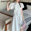 Summer Irregular Ruffles Shirt Dress Women Puff Short Sleeve Half high Collar Midi es Casual White Female 210601