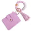 Silicone Beaded Bracelet Keychain Bag Party PU Leather Tassel Keychain Cardbag Wooden Bead Key Ring for Women Wood Beads Crafts AA