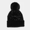 Brand Winter knitted Beanies Hat Luxury Bing Sequins Skullies Female Fur Pompom Hat Bonnet Caps 211119