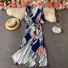 Sommarstil och elegans Maxi Vestidos Kvinnors V-Neck Lace-up Waist Split Print One-Piece Wrap Dress C655 210506