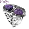 Charms 6x9mm Naturalne Koraliki Charoite Pierścień 925 Sterling Silver Biżuteria Vintage Ring Rocznica Party Prezenty Dla Kobiet 211217