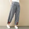 Bomull och linne Plaid Bloom Pant Kvinnor Sommar Retro Lös Casual Byxor Kvinna Plus Storlek Elastisk Hög Midja Harem Byxor Q0801