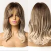 Synthetische Perücken Emmor Ombre Braun bis Blonde Perücke für Frauen Natürliche lange Wellen mit Pony Hitzebeständige Faser Tägliches Cosplay-Haar