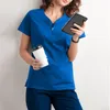 여성용 티셔츠 옷 2021 짧은 소매 V 넥 포켓 케어 노동자 탑스 여름 유니폼 De Enfermera Mujer