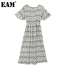 [EAM] Women Printed Elastic Waist Dress Round Neck Butterfly Short Sleeve Loose Fit Fashion Spring Summer 1DD8533 210512