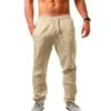 Lätt lösa män Bomullslinne Pants Summer Quick-Dry Breattable Solid Color Linho Trousers Street Casual Bekväm kostym Joggers Hombre Sweatpants