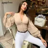 Free Spring Women's Blouse Retro V-neck Waist Slim Single-breasted Lantern Sleeve Shirt Top Elegant 210524